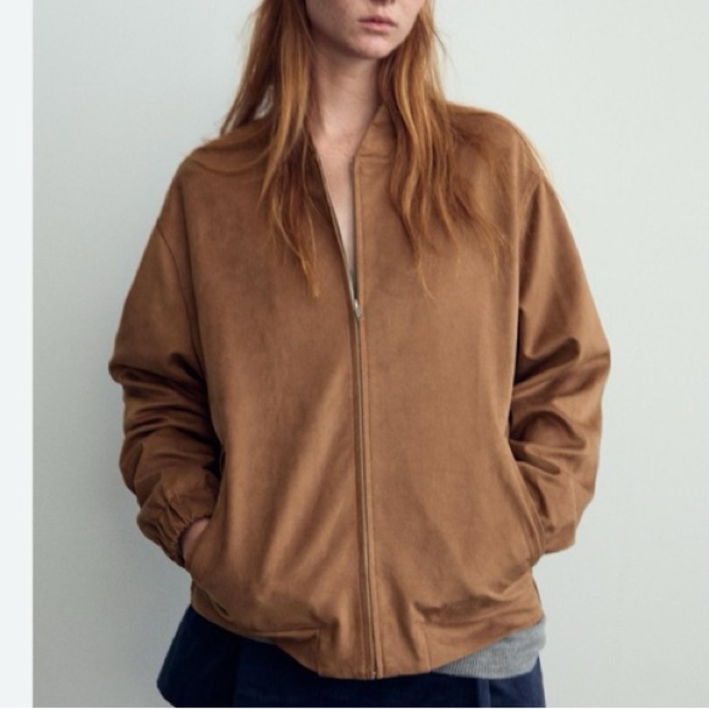 Zara NWT faux suede tan brown bomber jacket - Picture 3 of 6
